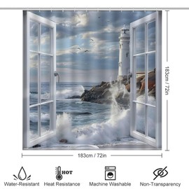 TOWINSFB 4Pcs Coastal Window Lighthouse Shower Curtain Sets Bathroom Decor, Ocean Wave Seaside Scenery Shower Curtain with Non Slip Rug, Toilet Lid Cover, Bath Mat and 12 Hooks 72W x 72L