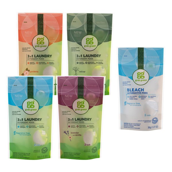 Grab Green Natural 3 en 1 Detergente para la colada + 5 piezas alternativas a blanqueador mini kit de muestras