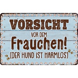 30 x 20 cm - Weatherproof Dog Sign, Dog Decorative Sign, Funny Saying for Dog Owners (Vorsicht vor dem Frauchen - der Hund ist harmlos!)