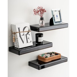 SHYFOY Floating Glass Shelves for Wall, Wall Mounted Modern Black Mirrored Shelves for Bathroom, Bedroom, Living Room, Kitchen Décor, 15 inches, 3 Pack