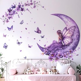 Purple Fairy Wall Decals Peel and Stick, Butterflies Moon Flowers Wall Stickers, Removable Vinyl Home Decor Art for Girls Bedroom Baby Nursery Daycare