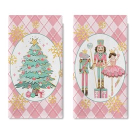 Croar Pink Christmas Tree Nutcracker Kitchen Dish Towels Set of 2, Xmas Gold Snowflake Drying Hand Towel Baking Cooking Cloth, Winter Holiday Diamonds Bathroom Home Decoration 18 x 26 Inches