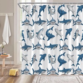 GCTNBJL Shark Shower Curtain Ocean Animal Shark Open The Mouth Fish Sea Marnie Underwater Nautical Bathroom Curtain with Hooks,Blue Gray White,70" W x 70" H