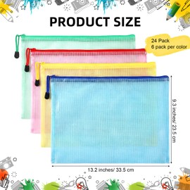 Fuyoooo 24 Pack Classroom Headphone Bags A4 Letter Size Mesh Zipper Pouch Bags Colorful Reusable Plastic Mesh Zipper Pouch with Headphone Digital Stickers for Classroom Library School Organization