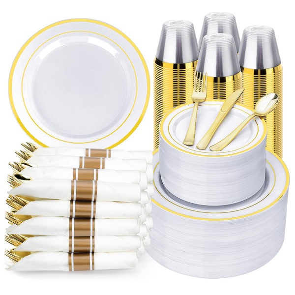BESTVIP 700PCS Gold Plastic Dinnerware Set for 100 Guests, Disposable