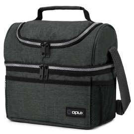 opux Insulated Dual Compartment Lunch Bag for Men, Women | Double Deck Reusable Lunch Box Cooler with Shoulder Strap, Leakproof Liner | Medium Lunch Pail for School, Work, Office (Charcoal Gray)