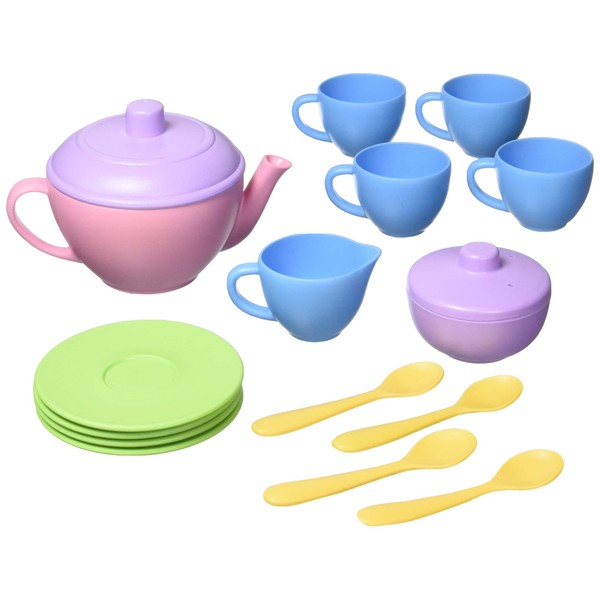 Green Toys Tea Set, Pink CB - 17 Piece Pretend Play, Motor Skills, Language & Communication Kids Role Play Toy. No BPA, phthalates, PVC. Dishwasher Safe, Recycled Plastic, Made in USA.