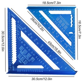 2 Pcs Speed Square, 12 inch 7 inch Carpenter Square Aluminum Alloy Triangle Ruler, Square Protractor, High Precision Woodworking Square, Layout Measuring Tool for Engineer Carpenter, Blue