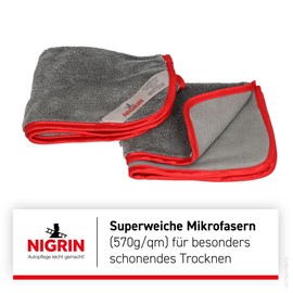 NIGRIN Mikrofaser-Trockentücher Duo Pack XL, extra saugstark, fusselfrei und weich zur schlierenfreien und schonenden Trocknung von Felgen, Lack, 60x40 cm, grau, 2 Stück