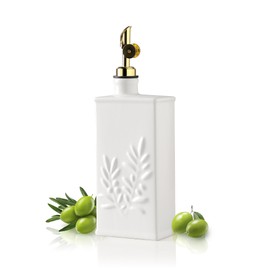 Sweejar Ceramic Olive Oil Dispenser Bottle for Kitchen, 17 Oz Relief Opaque Oil and Vinegar Dispenser Bottle with Spout, Suitable for Soy Sauce, Coffee Syrup, Liquids (White)