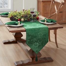 Elrene Home Fashions Poinsettia Elegance Jacquard Holiday Table Runner, 13" x 70", Green