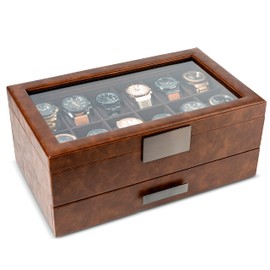 Glenor Co Watch Box with Valet Drawer for Men - 12 Slot Luxury Case Display Watch Organizer, Metal Buckle for Mens Jewelry Watches, Men's Storage Boxes Holder has Large Glass Top - PU Leather Brown