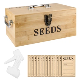 Coolrunner Wood Seed Saving Box, Seed Storage Organizer Case, Seed Packet Storage Organizer with Lock and 3 Handles, 30P Plant Labels, 30P Seeding Envelopes Bag
