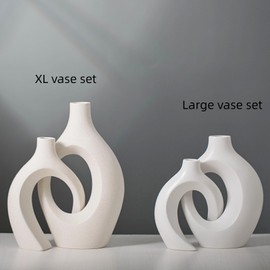 Levvohd XL Beige Ceramic Vase Set of 2 for Modern Home Decor, Eclectic Entryway Modern Boho Hollow Flower Vases for Living Room Bookshelf Dining Coffee Table Centerpiece (W 6.8" X H 11")