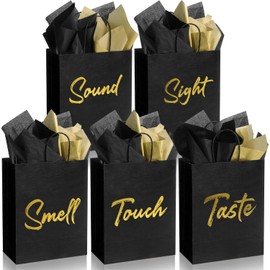 5 Senses Gift Bags for Him Her with Tissue Paper, Sight Smell Touch Taste Sound Senses Hot Stamping Gift Bag with Ribbon Handle Gifts Decoration for Birthday Wedding Anniversary Graduation Party Supplies.(15PCS)