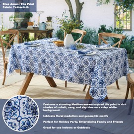 Newbridge 52 x 70 Inch Rectangle Fabric Tablecloth, Blue Amani Tile Print, Indoor Outdoor Soil Resistant Water Repellant Fabric Table Cover for Party and Dining, Delft Blue Medallion