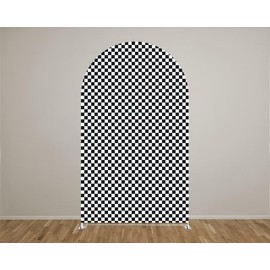 KONPON Black and White Checkered Round Top Arched Backdrop Covers for Racing Parties Racing Theme Arch Stand Fabric Cover Birthday Party Display Props(Only Cover)