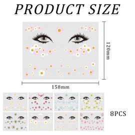 Pack of 8 Flower Face Tattoo Stickers, Daisy Temporary Tattoo Stickers, Women's Fashion Tattoo Stickers, Creative Waterproof Stickers, Carnival Party Face Decoration