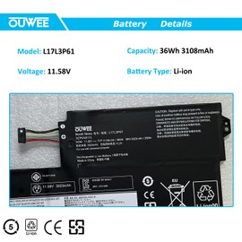 OUWEE L17L3P61 Laptop Battery Compatible with Lenovo IdeaPad 320S-13IKB Yoga 330-11IGM 720-12IKB Flex 6-11IGM Series L17C3P61 L17M3P61 5B10N87357 5B10N87358 5B10N87359 11.58V 36Wh 3108mAh(Shape-A)