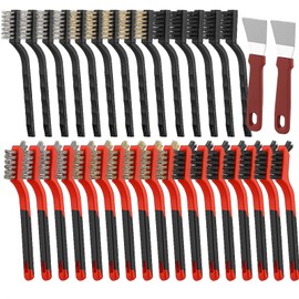 Yiyiring 50 Pcs Wire Brush Set 48 Brass/Nylon/Steel Wire Brushes for Cleaning with Curved Handle, 2 Cleaning Scrapers for Removing Rust, Dirt, Paint Scrubbing