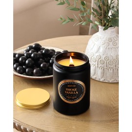 AOOVOO Scented Candles for Men - Large 22oz 120 Hours of Burn Time, Smoke & Vanilla Candles for Home Scented | Crackling Wood Wick Soy Candle | Strong Fragranced Black Candle Gift for Women & Men
