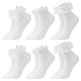 Leikedun 6 Pairs of Women's Ruffle Socks, Lace Socks for Women, Ruffle Socks Lace with Bow, Breathable Cotton Ankle Socks, Ballet Socks, Elegant Cute Princess Socks, White, One size fits all