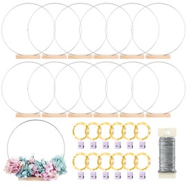 12 Pack Floral Hoop with Stand and LED Fairy Lights 12 inch Metal Rings for DIY Centerpiece Table Decorations Crafts Macrame Rings Hoop Wreath Dream Catcher Rings Wedding Christmas Wreaths, Silver
