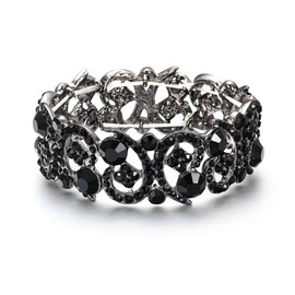 Ever Faith Women's Austrian Crystal Wedding Hollow Floral Bridal Stretch Bracelet Black Black-Tone