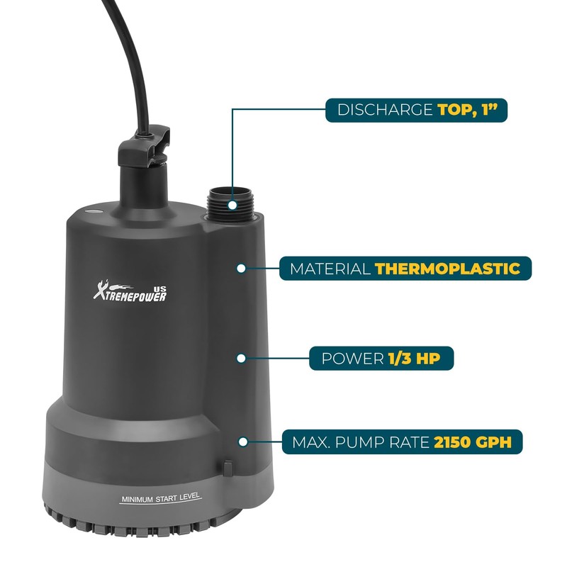 XtremepowerUS 2150GPH Thermoplastic Submersible Utility Pump with 10ft Cord, 1/3