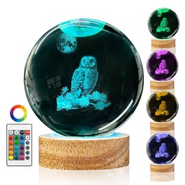DCORIUNTG 3D Owl Crystal Ball Night Light with Remote Upgraded 3.15 in Owl Figurines Glass Ball Lamp with 16 Color Wooden LED Base Owl Snow Globes Decor Gifts for Kids Teens Women