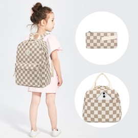 Dezcrab School Backpack for Girls - Girls Backpack with Lunch Box Pencil Case for Teen Kids Elementary Middle Bookbag (Corduroy Checkered Brown)