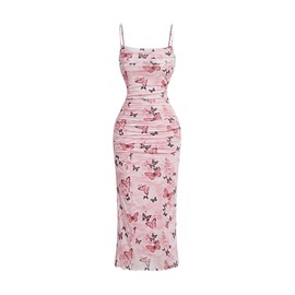 Verdusa Women's Butterfly Print Ruched Bodycon Dress Ruched Backless Cami Long Dress Pink Medium