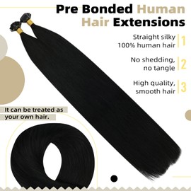 Ugeat Keratin Black Hair Extensions 22 inch Flat Tip Human Hair Extensions Jet Black Stick Tipped Hair Extensions 50g Pre Bonded Natural Black Hair Extensions