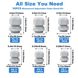 Cokritsm 50PCS Adjustable Cable Glands, Waterproof Cable Gland PG7 PG9 PG11 PG13.5 PG16 PG19 Plastic Cable Connectors with Locknut, Cable Gland Wire Protector Connectors Set in PP Box