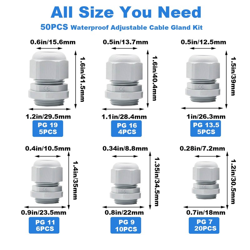 Cokritsm 50PCS Adjustable Cable Glands, Waterproof Cable Gland PG7 PG9