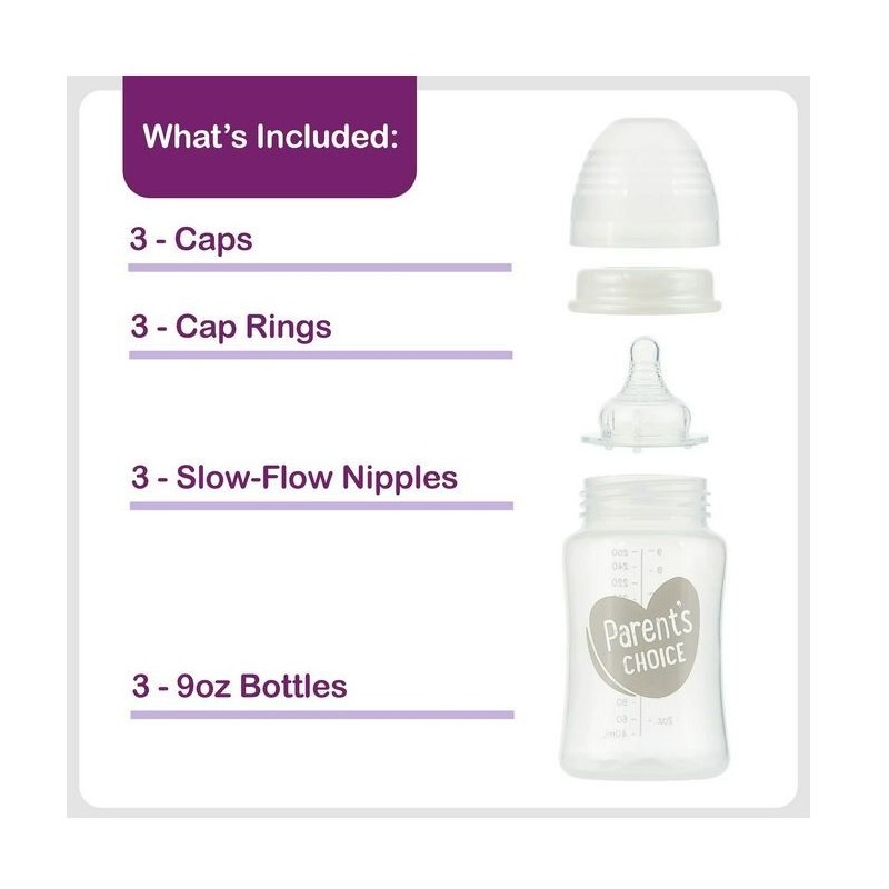Parent's Choice Wide Neck Bottles, 3 Pack, 9 fl oz