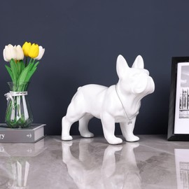 SHENGTIAN 10in White French Bulldog Statue, Resin Dog Animal Sculpture with Silver Necklace for Home Decor for Room, TV Stand, Desk, Table, Bedroom, Shelves, and Desktop