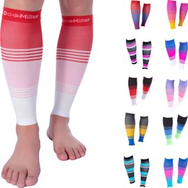 Doc Miller Manga de Compresión Para Pantorrillas (1 par) 20-30 mmHg Medias de Compresión Mangas Para Ejercicio, Recuperación, Dolor, Varices y Calambres en Piernas (Rojo Rosa Blanco, X-Grande)