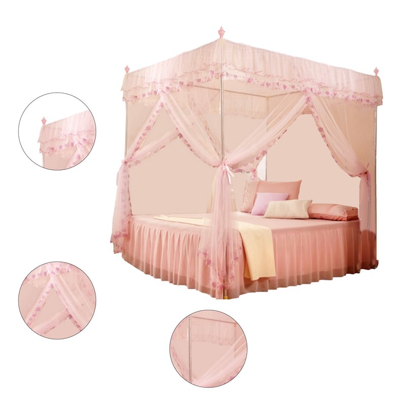 Luxury Princess 3 Side Openings Post Bed Curtain Canopy Netting