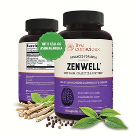 Live Conscious KSM-66 Ashwagandha Supplement w/L Theanine & AlphaWave - ZenWell Everyday Stress Relief, Cognitive, Brain Health - Ashwagandha for Men & Women - 60 Capsules
