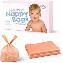 Fragranced Nappy Bags with Tie Handles, Orange Coloured, 200 Count, Durable and Leak-proof, Lightweight Disposable Bags for Baby Travel
