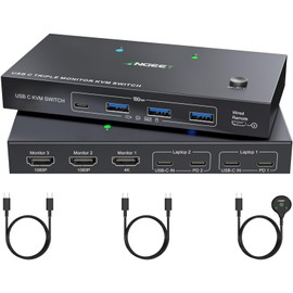 USB C KVM Switch 3 Monitors 2 Computers 4K/1080P@60Hz,USB-C Triple Monitor KVM Switches with 4 USB3.2 Ports for USB Device,10Gbps,80W PD Charging,For Windows and Mac OS,Driver Installation is Required