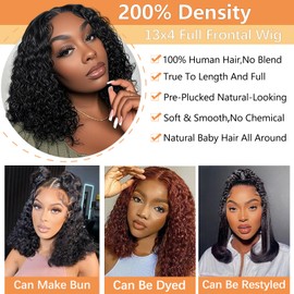 Espive 12Inch Deep Wave Bob Wig Human Hair 13x4 Frontal Lace Wig 220% Density Short Bob Wigs Human Hair for Black Women Natural Hairline Glueless Curly Bob Wig With Baby Hair Natural Black