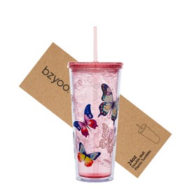 bzyoo Double Wall Tumbler with Straw and Lid Bottle Cold Drink Travel Mug Cup, 24oz (Butterfly Pink)