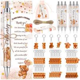 EYNDYN 145 Pieces Baby Shower Favors for Guest Brown Teddy Bear Ballpoint Pens and Keychains Gifts Bulk Retractable Baby Shower Pens Gender Reveal Greeting Cards Souvenirs Prizes Party Favors