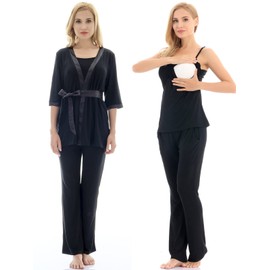Bearsland Maternity Women's 3 Pieces Soft Nursing Pajamas Set Postpartum Sleepwear for Breastfeeding,black,s