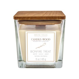 House of Velas Candle Wood Collection, 15 oz, 1 Wooden Wick, Bonfire Treat, Square Glass Jar Candle