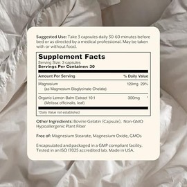 Magnesium Bisglycinate Supplement for Sleep & Muscle Recovery, Calm Support with Organic Lemon Balm Extract, Promotes Relaxation, Deep Sleep, Stress Relief & Muscle Recovery, 90 Capsules