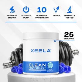 XEELA Pre Workout Powder - Clean & Tested - Jitter Free, Safe, and Natural - Increase Thermogenic Energy, Focus, and Endurance w/Creatine, Organic Caffeine, and Plant Based Citrulline (Blue Raspberry)