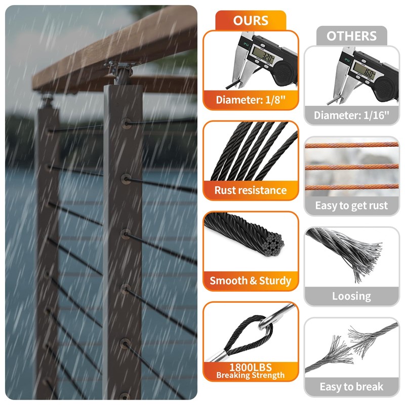 Black Stainless Steel Cable for Railing - 200FT 1/8" T316